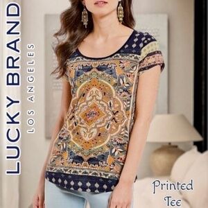 LUCKY BRAND Indigo Print Scoop Neck Short Sleeve Top